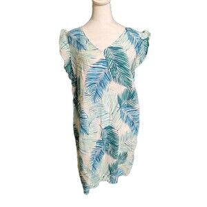 Tahari Shift Dress Sz Large Tropical Palm Leaf Linen Flutter Sleeve Lightweight